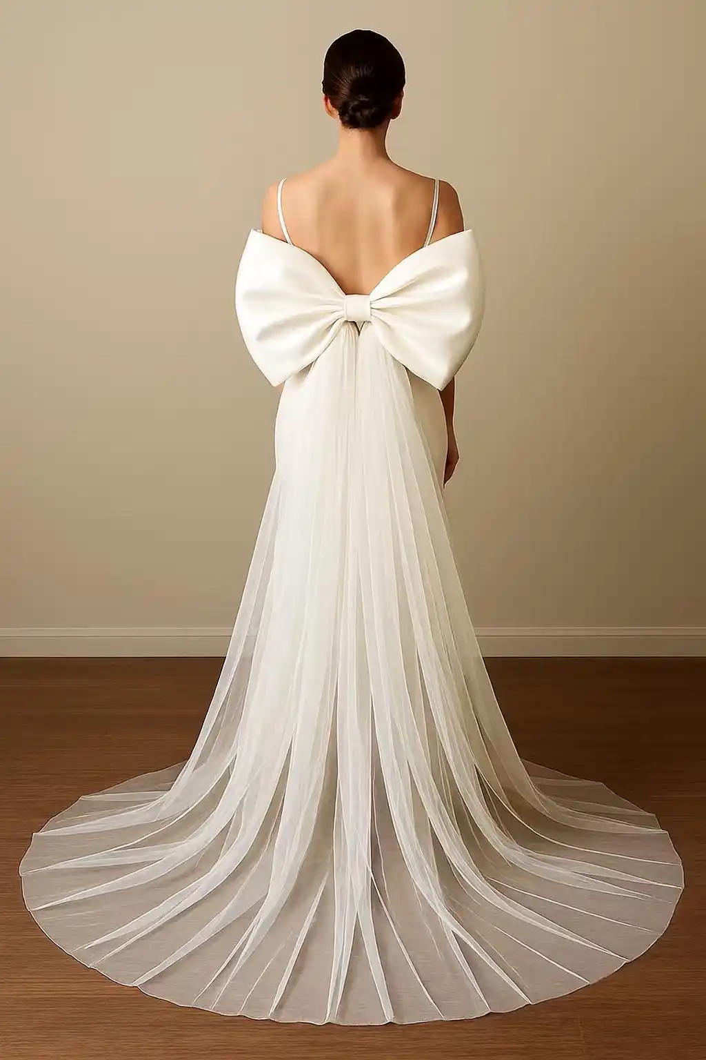 SBS Detachable Satin Ribbon Tulle Tail Wedding Dress Train Big Bow Tulle Long Trail Back Decoration Bridal Veil Accessory
