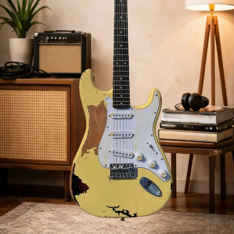 

Винтажная желтая электрогитара STS с корпусом из ольхи, грифом из клёна, звукоснимателями SSS, белой защитной накладкой, в стиле Jazz, бесплатная доставка