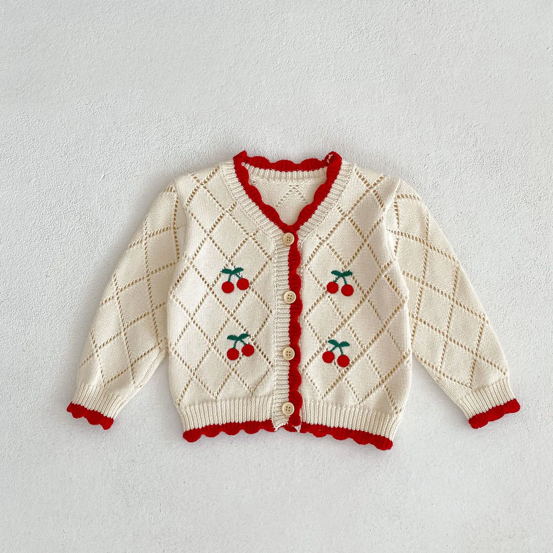 Angoubebe 555C152 2023 New Arrival Infant Baby Girls Cherry Embroidery V-collars Hollow-out Pattern Cotton Cardigan