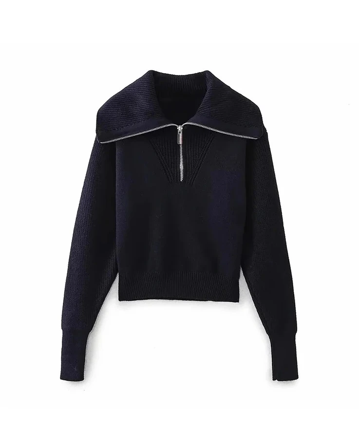 

Женский модный зимний новый ретро универсальный свитер с длинными рукавами и лацканами, вязаный пуловер с половиной молнии