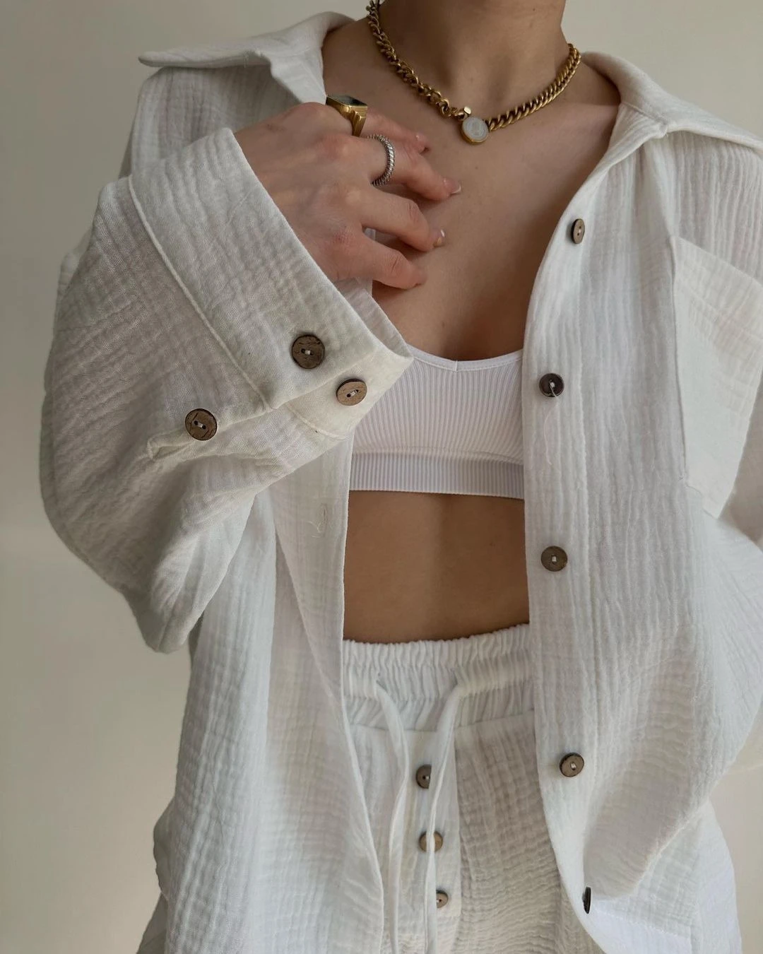 Conjunto de dos piezas de algodón largo Sve plisado irt Dstring orts, colección de primavera Faion para mujer, ropa informal con cierre de botón