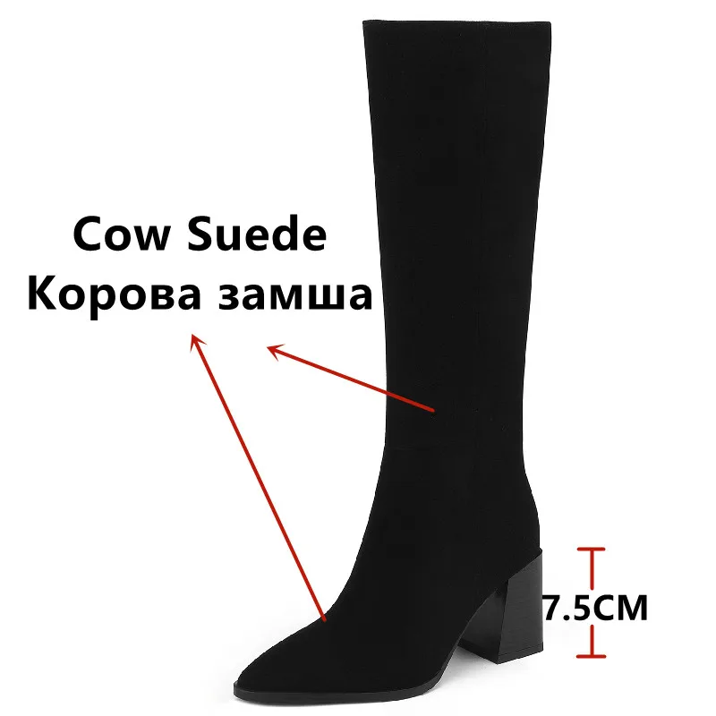 FEDONAS Pointed Toe Thick High Heels Women Knee High Boots Fashion Concise Cow Suede Leather Autumn Winter Party Shoes Woman