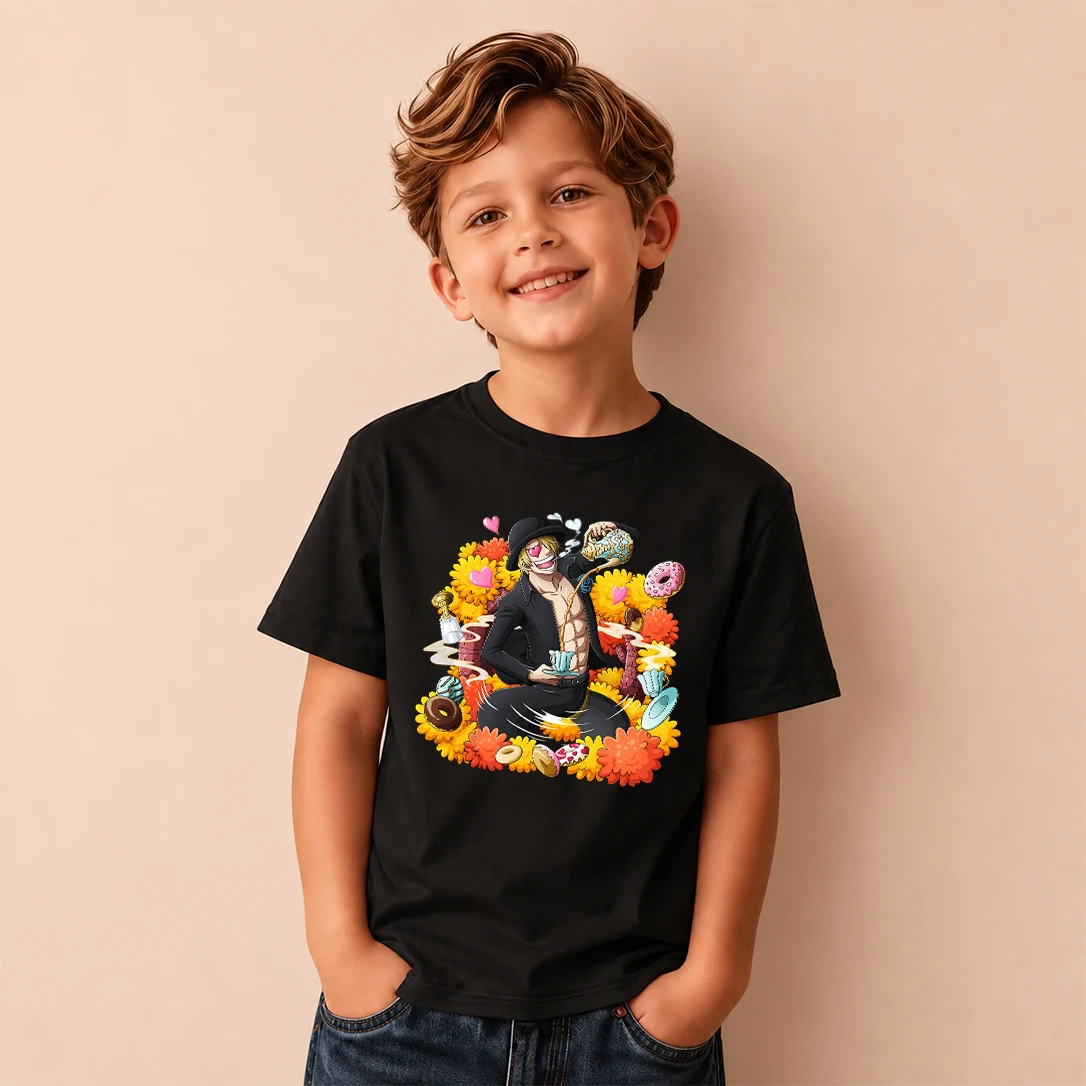 Kids T‑Shirt One Piece Sanji Donut Flower Print Short Sleeve Casual Tops Boys Girls Anime Children Daily Wear Tees