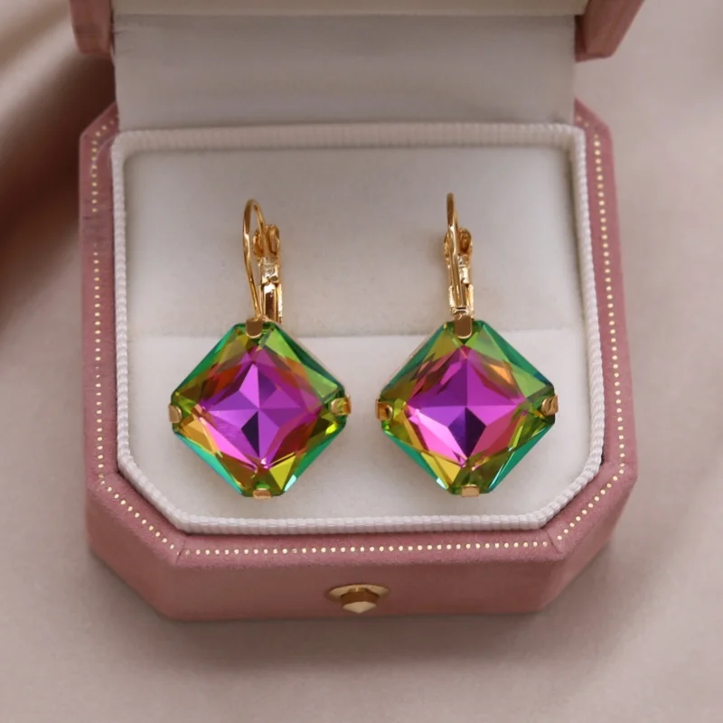 مجوهرات الأزياء الكورية الجديدة 14K مطلية بالذهب الفاخرة وامض مربع اللون كريستال أقراط أنيقة إكسسوارات الحفلات النسائية #5