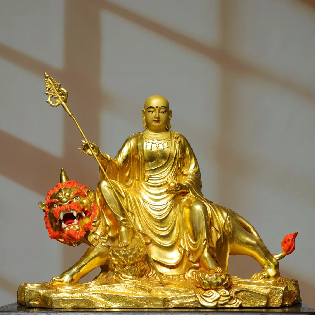 16 Folk Old Bronze Gilded Painted Face Ksitigarbha Bodhisattva Lotus Terrace Sitting Buddha mount mythical beast  Worship Hall