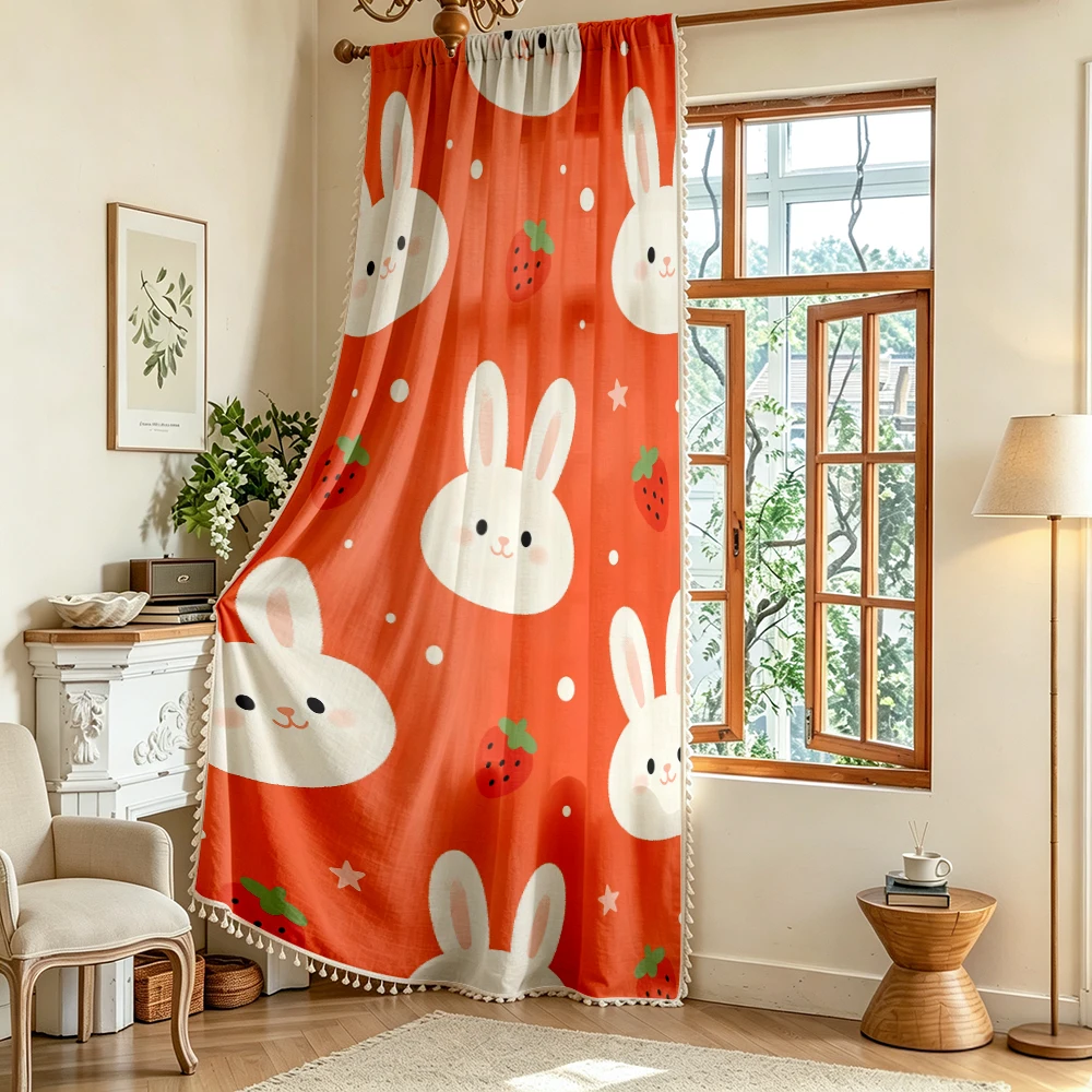 1PC Farmhouse Tassel Sheer Curtains, Berry Bunny, Digital Print, Linen Polyester, for Bedroom Living Room Window, Room Decor
