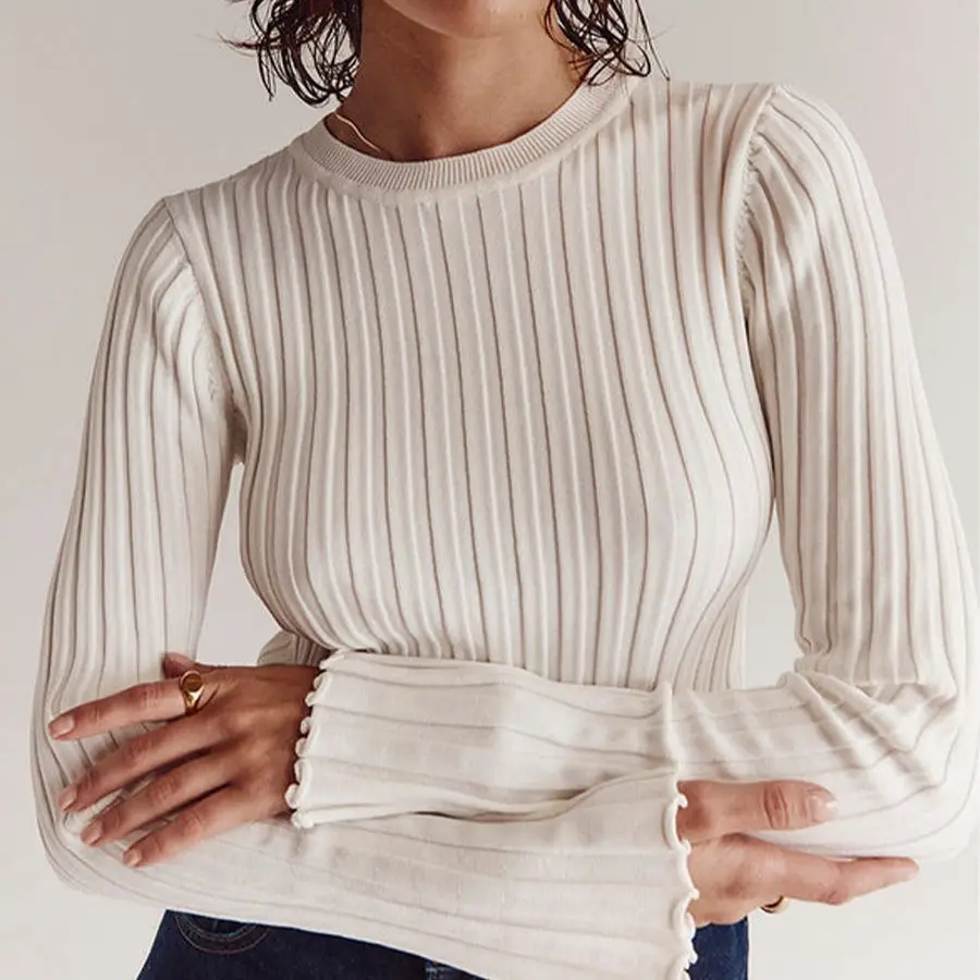 

Round Neck Ladies Knit Sweater Women Long Sleeve Pit Stripe Bottoming Shirt Solid Color Tight 2024 Spring And Autumn Tops Female