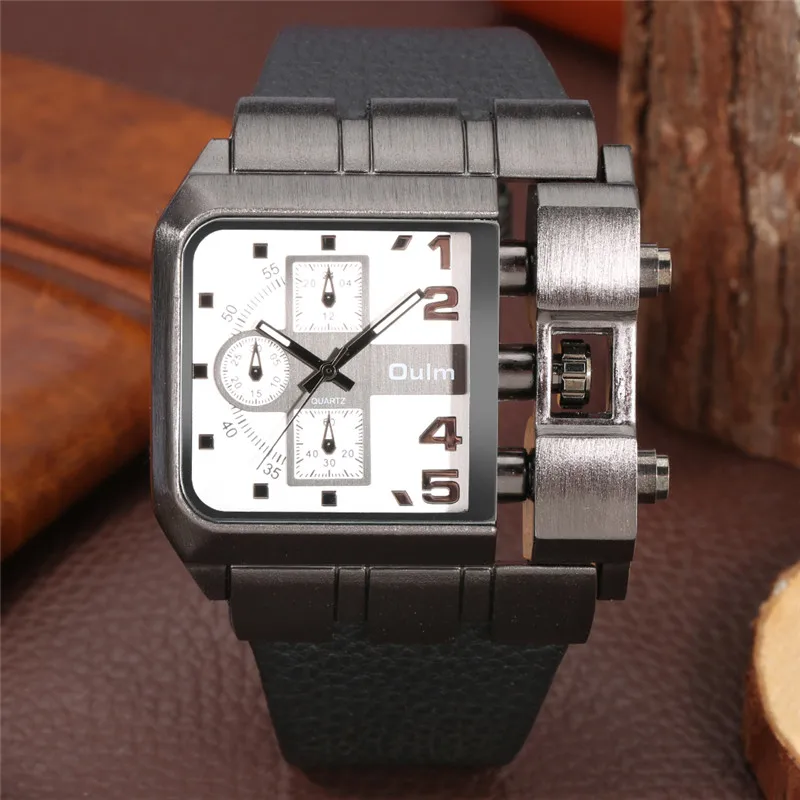 OULM Unique Design Square Men Wristwatch Wide Big Dial Leather Strap Watches