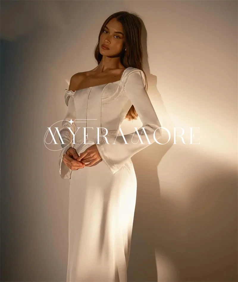 ชุดแต่งงานสไตล์นางเงือกสมัยใหม่ ปี 2025 ผ้าซาติน แบบเปิดไหล่ แขนยาว ยาวกรอมพื้น ชุดเจ้าสาวสั่งตัดได้