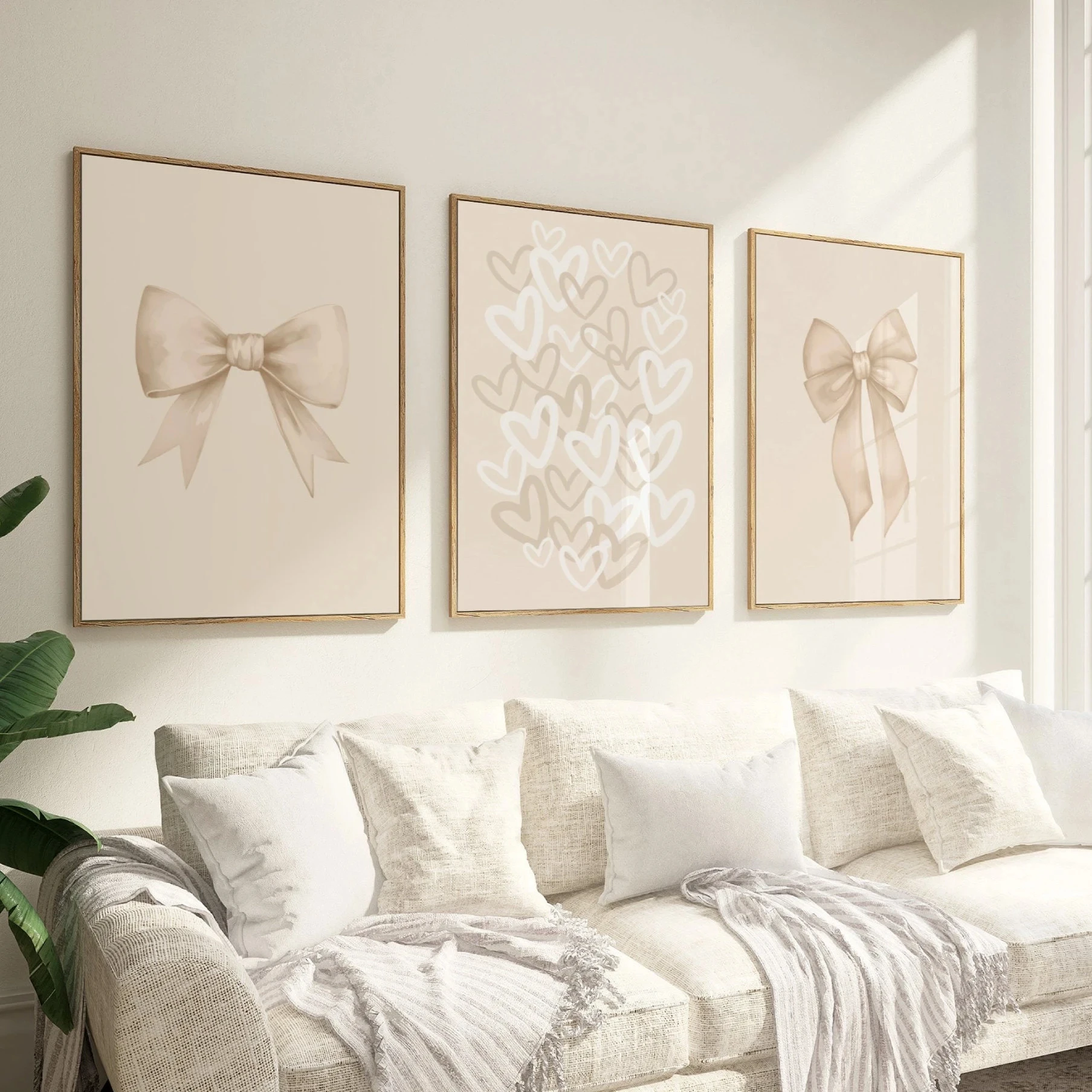 3pcs Modern Beige Girly Bow Canvas Heart-Shaped School-Themed Wall Decor Frameless Poster Home Dorm Room Decor