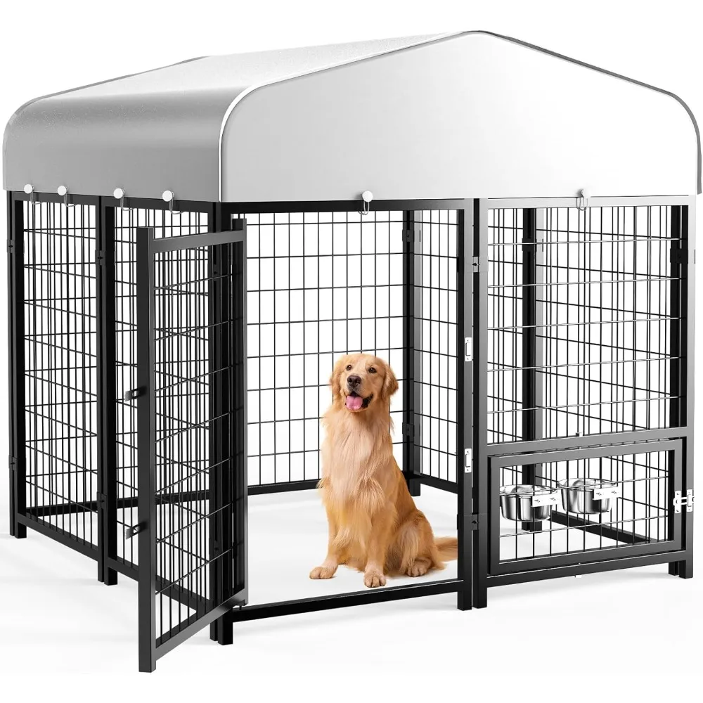 

Outdoor Dog Kennel Outside Run with Doggy Door, Swivel Feeder&Roof Large Dog Kennels Pens Outside for Medium/Large Dogs