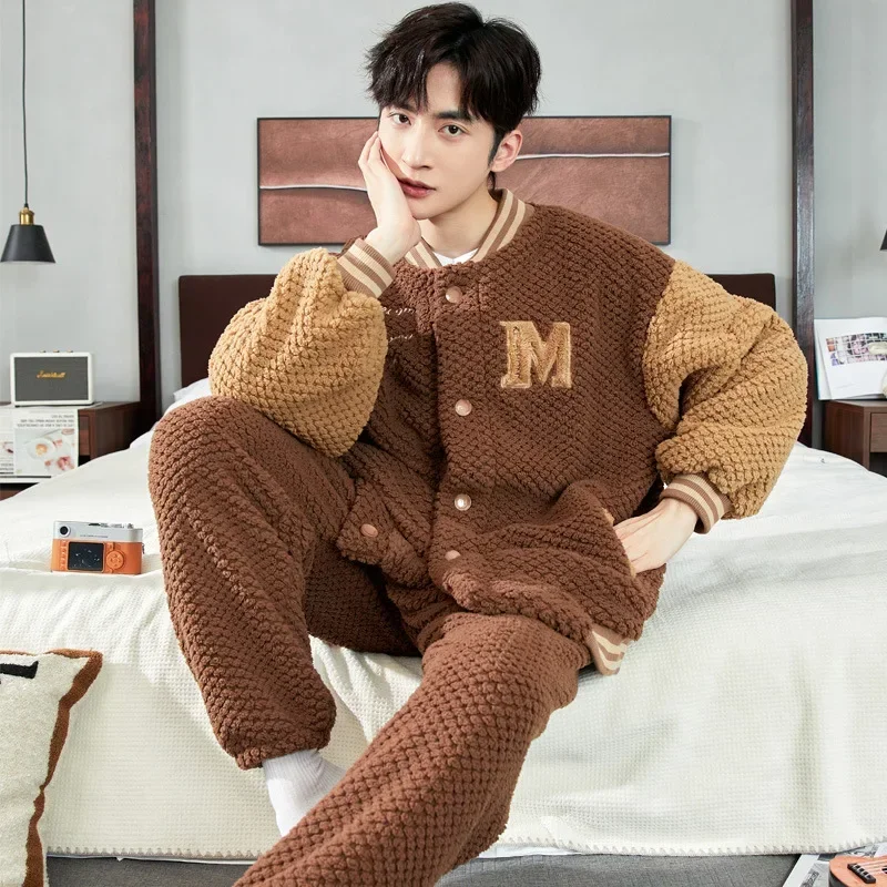 Patchwork Sports Style Mens Pajamas Set  V-neck Winter Warm Fluffy Coats + Long Pants Coral Fleece Men's Homewear Sleep Lounge