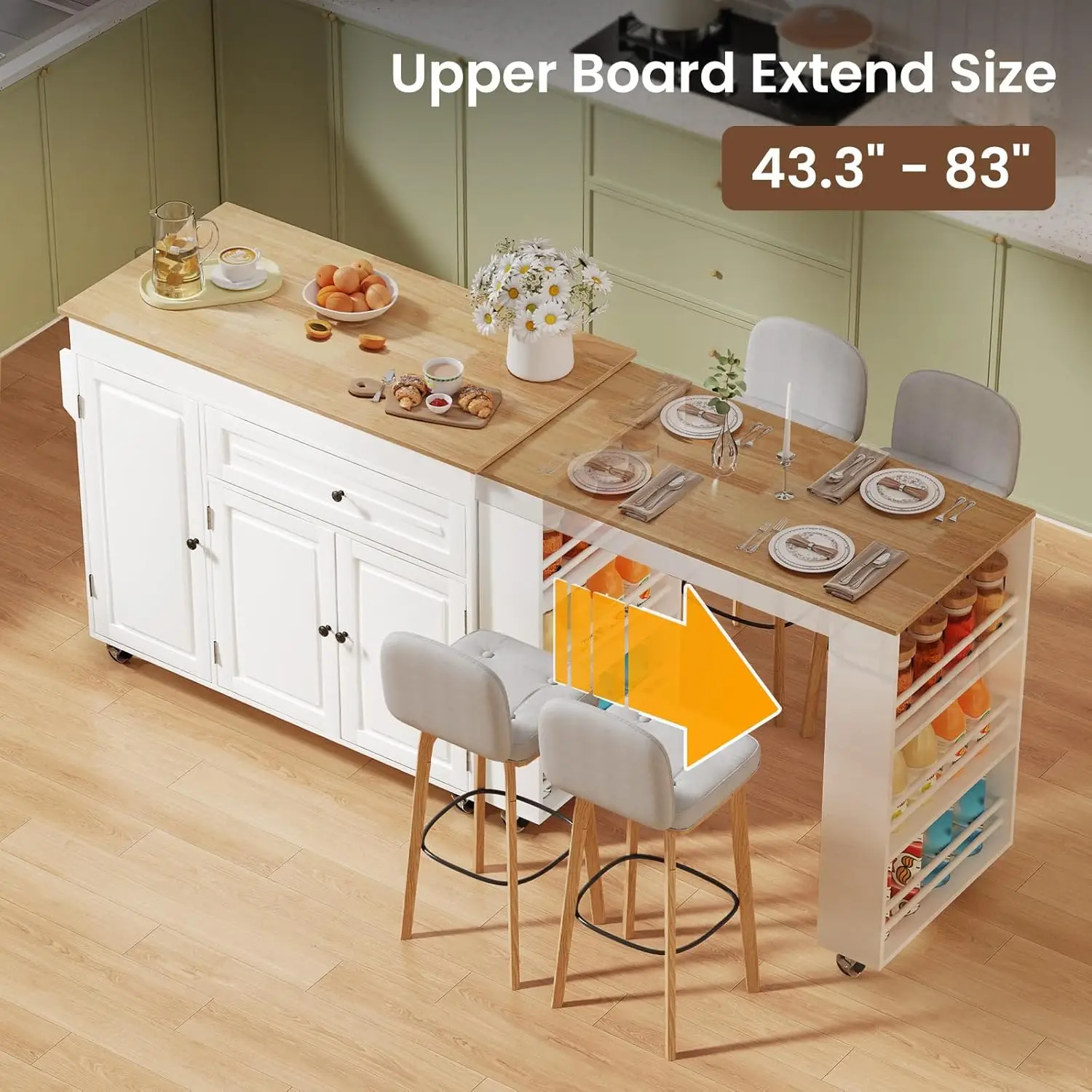 Expandable Kitchen Island with Storage Drawer and Wheels, White | Rubberwood top expands 48.4