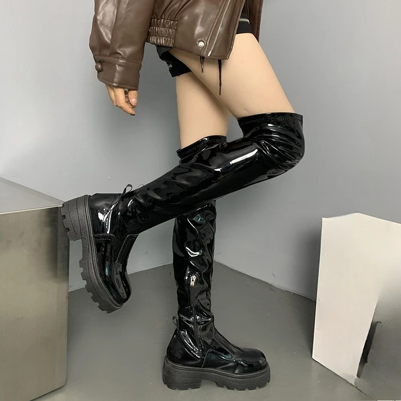 

Fashion Patent Leather Over-the-knee Boots Autumn and Winter New Round Toe Socket Platform Non-slip Block Heel Shoes