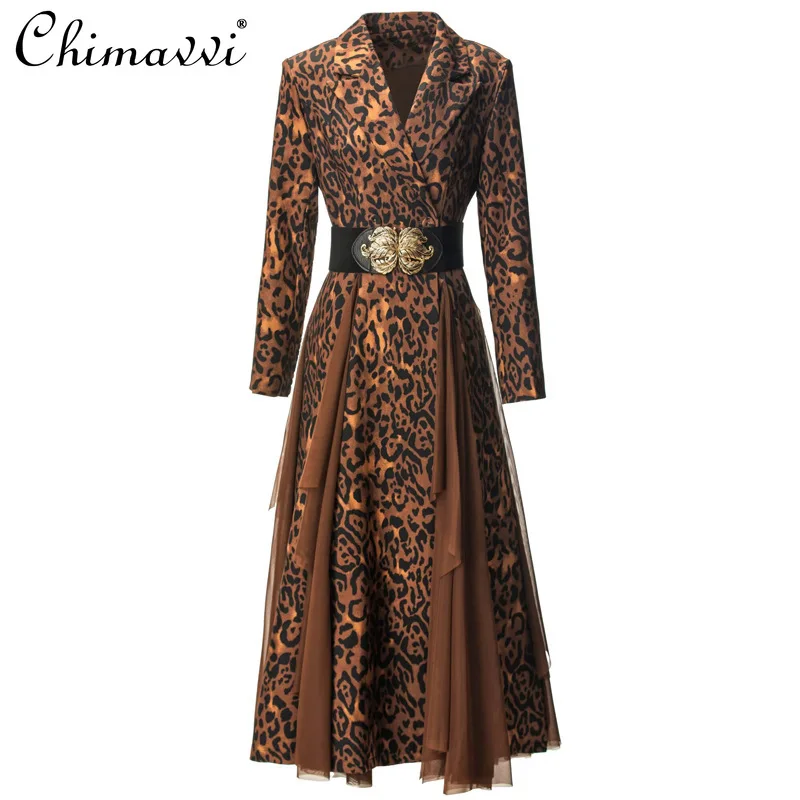 ファッションラペルレオパード柄長袖ダブルブレストベルト付きワイドヘムトレンチコート秋冬新作長袖エレガントコート