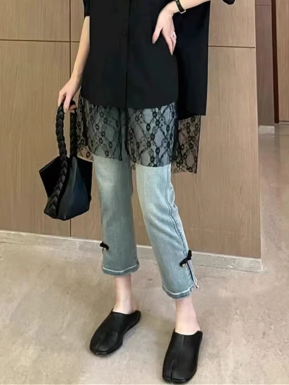 

Summer New Straight Leg Denim Jeans Women plus Size Button Design Split High Waist Blue Nine Points Pants Ladies Faion