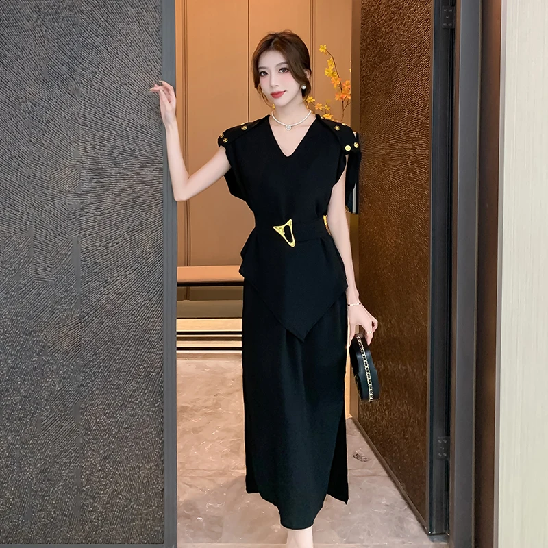 New Elegant Chic Women V Neck Black Midi Dress 2024 Fashion Summer Short Sleeve Irregular Split Ladies Office Belt Long Vestidos