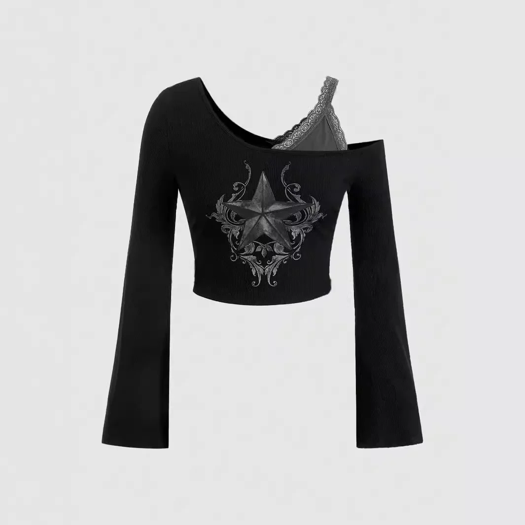 

Черный топ Y2k, укороченный топ большого размера со звездами и принтом, готический топ в стиле Харадзюку с длинными рукавами, сексуальный кружевной топ на бретелях, подтяжки на бретелях