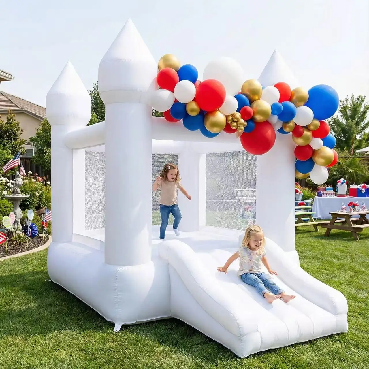 Toddlers Party 9x7x6ft Inflatable White Bounce House with Slide Oxford Bouncy