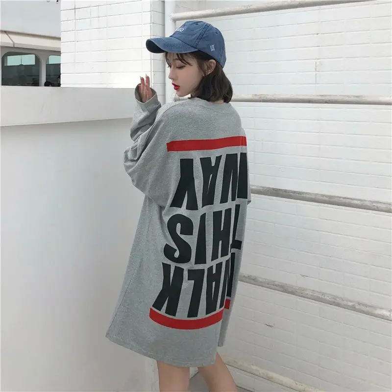 Casual Letter Printing Mid Length Version Women\'s Clothing Summer Loose Long Sleeve Tops Ladies Straight Young Style T-Shirts