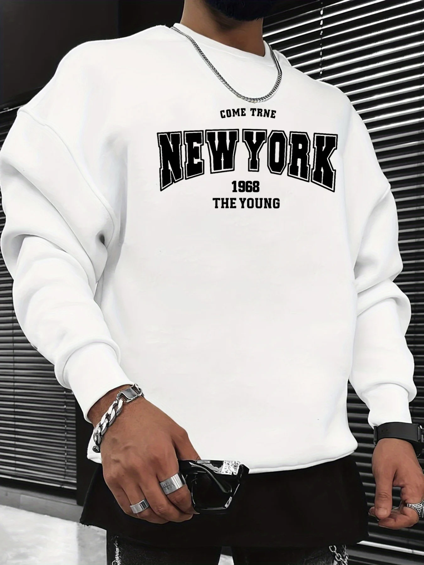 Men Crew Neck Sweatshirt NEW YORK 1968 Letter Print Long Sleeve Pullover Loose Vintage Casual Streetwear Male Daily Tops