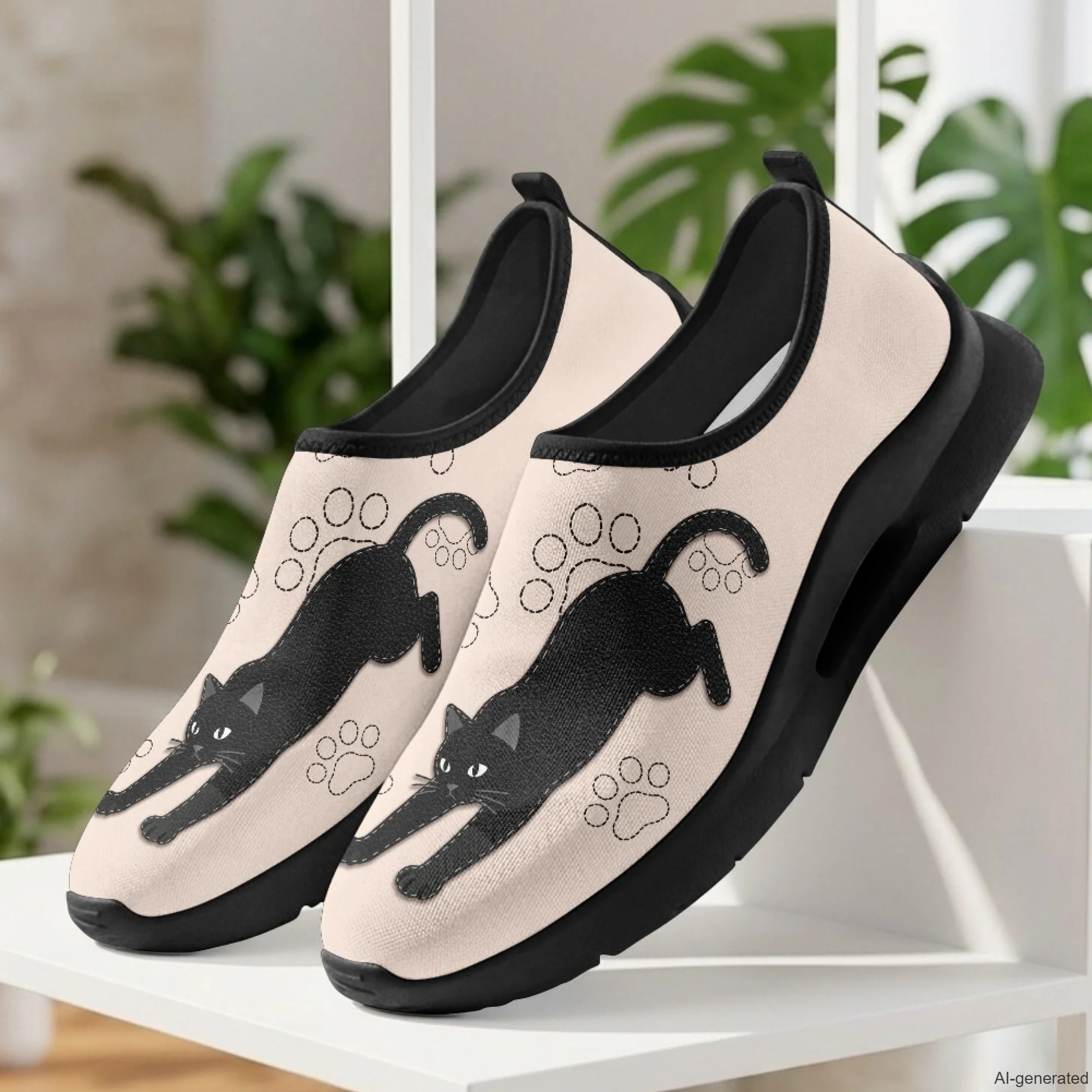 XIXIRIMIDO Mens Casual Shoes Slip On Walking Sneakers Women Gym Workout Shoes Black Cat Print Breathable Mesh Shoes 35-48