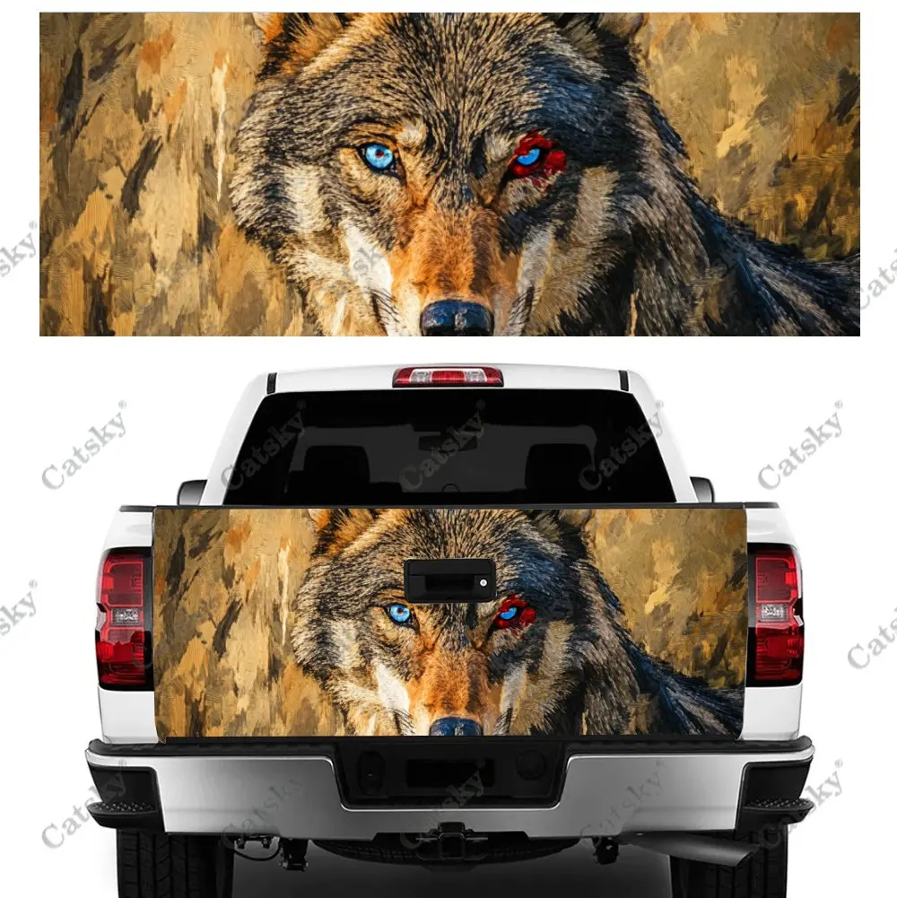 Wolf with Injured Eyes Car Tail Trunk Protect Vinly Wrap Cover Decal Auto Accessories Hood Decor Sticker for Off-road Pickup