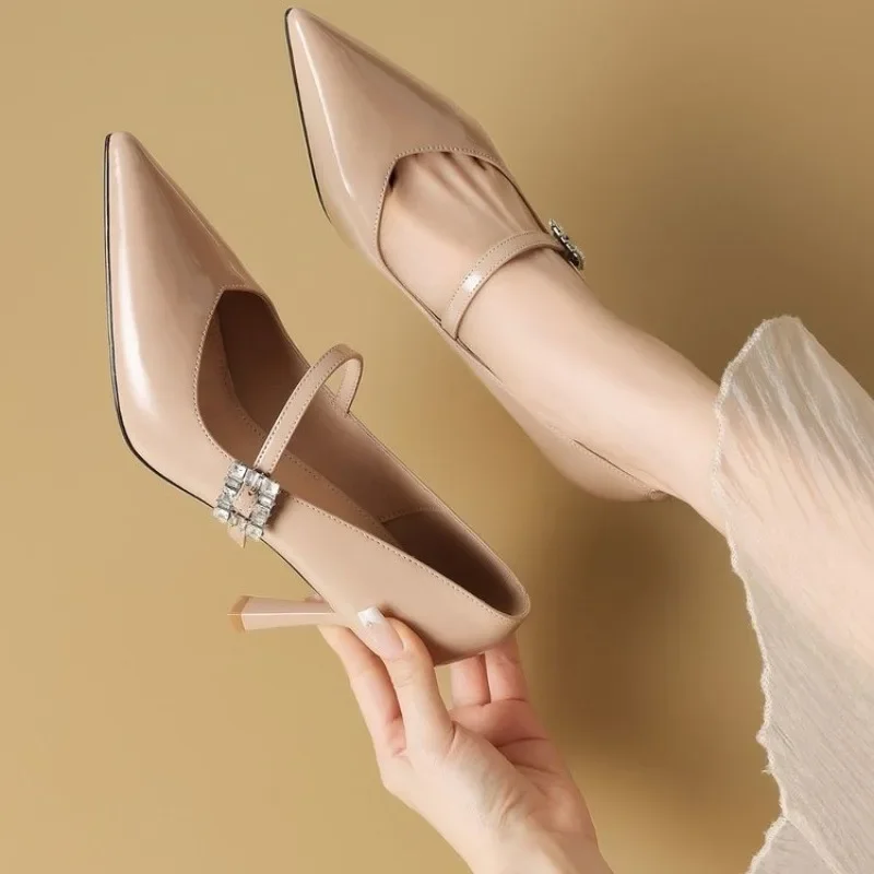 Mary Jane High-heeled Women's Pointed-toe Thin-heel Crystal-embellished Drawstring Shoes