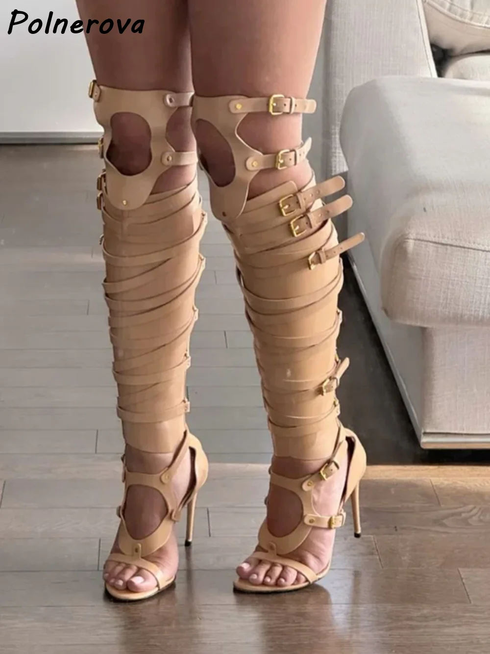 Hollow Buckle Strap Sandals Bo - огляд і ціна High Knee Heel Boots