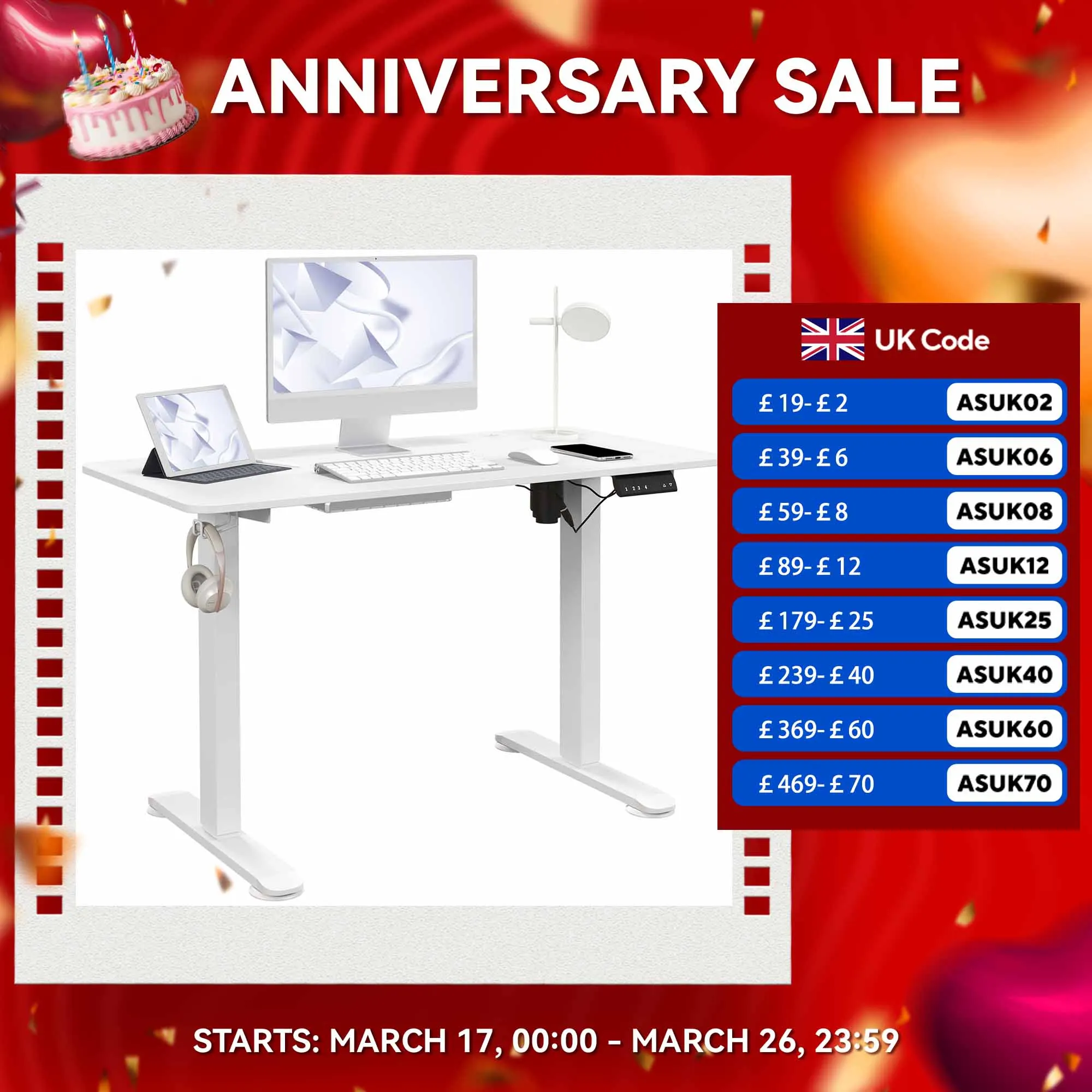 Vinsetto Adjustable Desk Electric Standing Desk for Home Office White