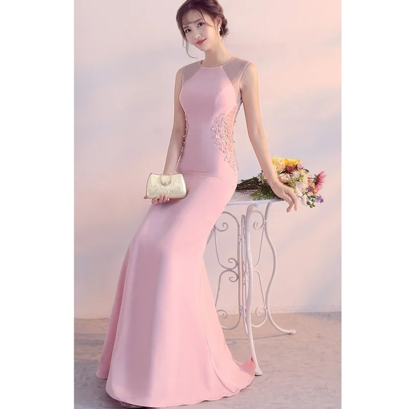 

Evening Dress Pink Stretchy Appliques Sequins Zipper Back Mermaid Trumpet Floor Length Women Party Formal Gowns YE094