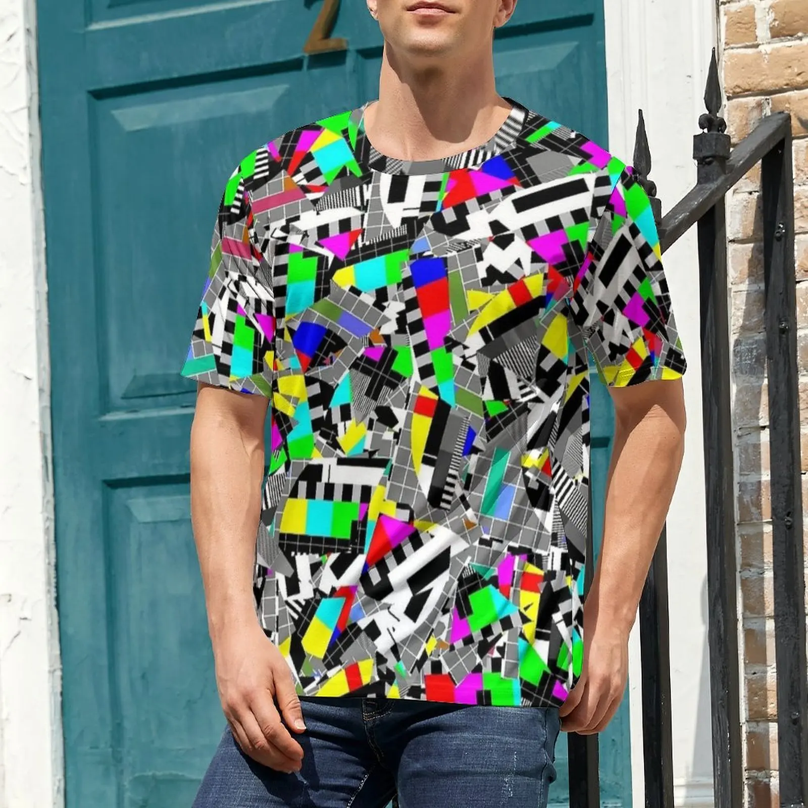 Beach T-Shirt Retro Glitch Block TV Test Image Print T Shirts Casual Novelty Tee Shirt For Man Short Sleeve Big Size Clothing