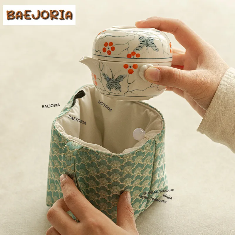 

Hand-painted Butterfly Love Flower Travel Tea Set Kit Vintage 1 Pot 1 Cup Tea Maker Organizer Portable Camping Tote Bag Craft