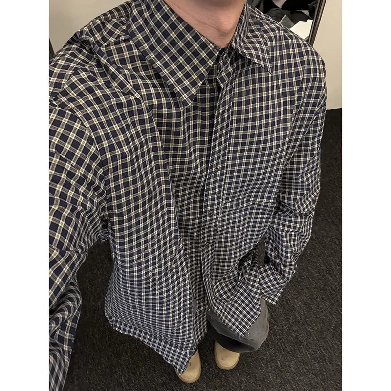 Black White Checkered Cleanfit Turn-down Shirt For Men Spring Autumn American Style Plaid Long Sleeve Shirt