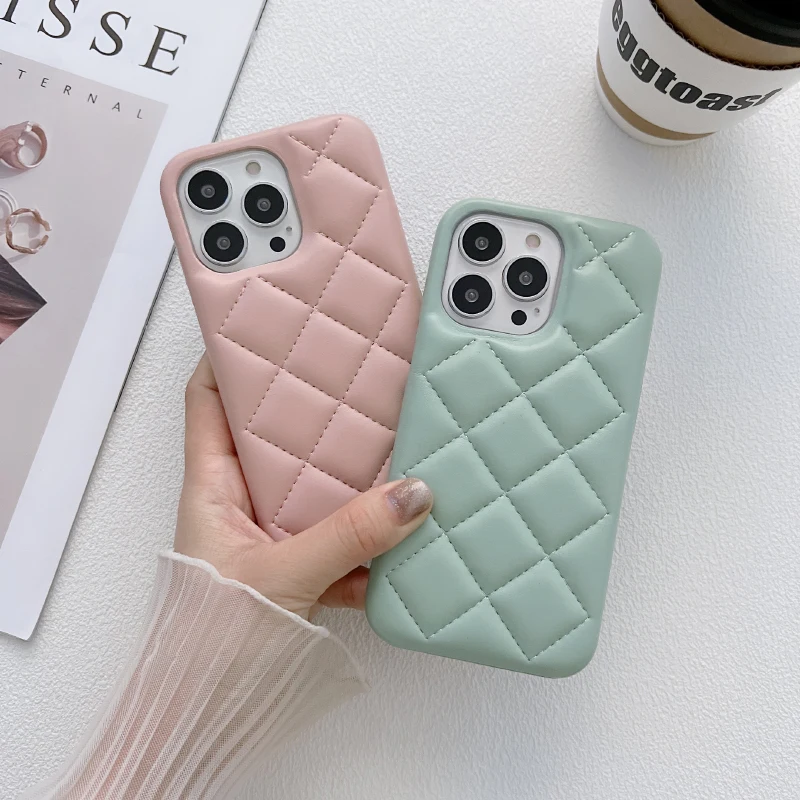 

Luxury Solid Color Leather Rhombus Up and Down Not Bordered Phone Case For iPhone 16 Pro Max 14 11 12 13 15 Pro Max Bumper Cover