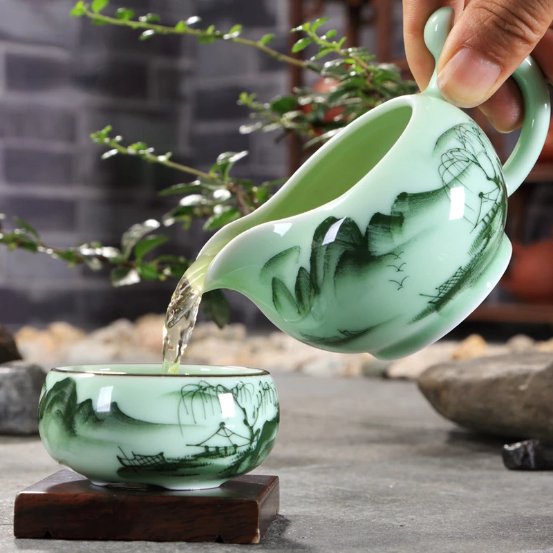 Traditional Longquan Chinese Kung Fu Teaware Set Handmade Celadon Teapot with Landscape Lotus Design Tea Cups Gift Set 9Pcs per