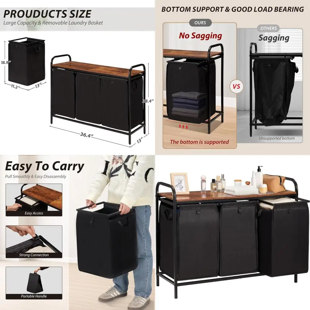 

3-секционная складная корзина для белья со съемными сумками, вместимость 39,9 л, органайзер для одежды, коричневый