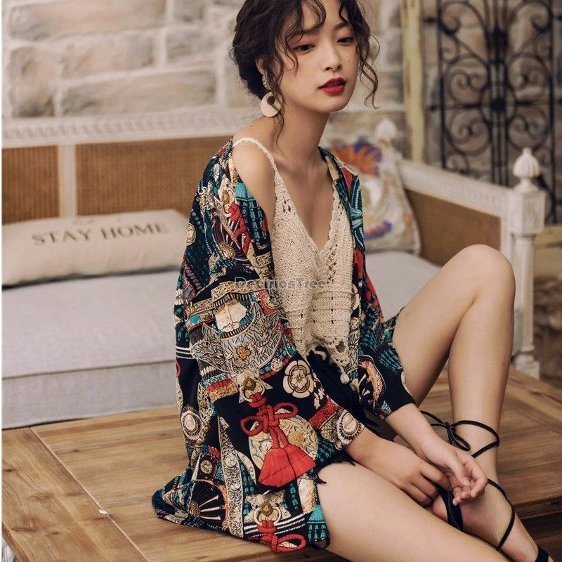 

2025chinese national vacation style retro printed chiffon long sleeve coat women summer beach sun protection casual fashion coat