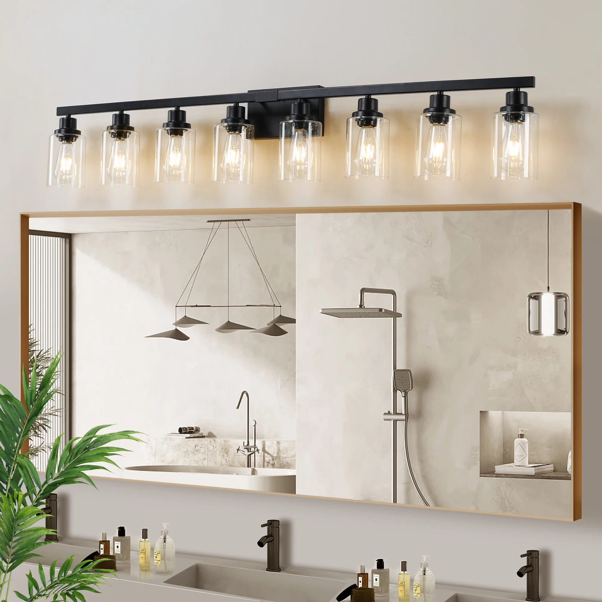 One Piece Black 8 Light Modern Vanity Light Fixture Bathroom Wall Sconce with Fluted Glass Shade Lightweight Wall Mount Fixture