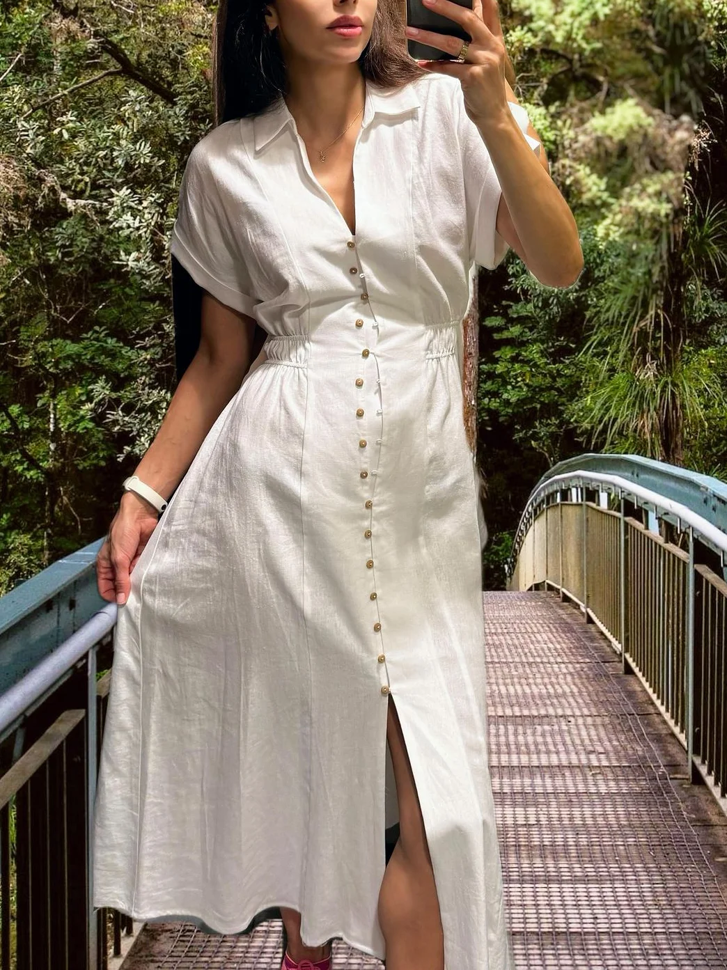 Women\'s Elegant Linen Maxi Dress Solid Color Lapel Maxi Dress Street Style Retro Loose White Beach Holiday Dress 2024Summer