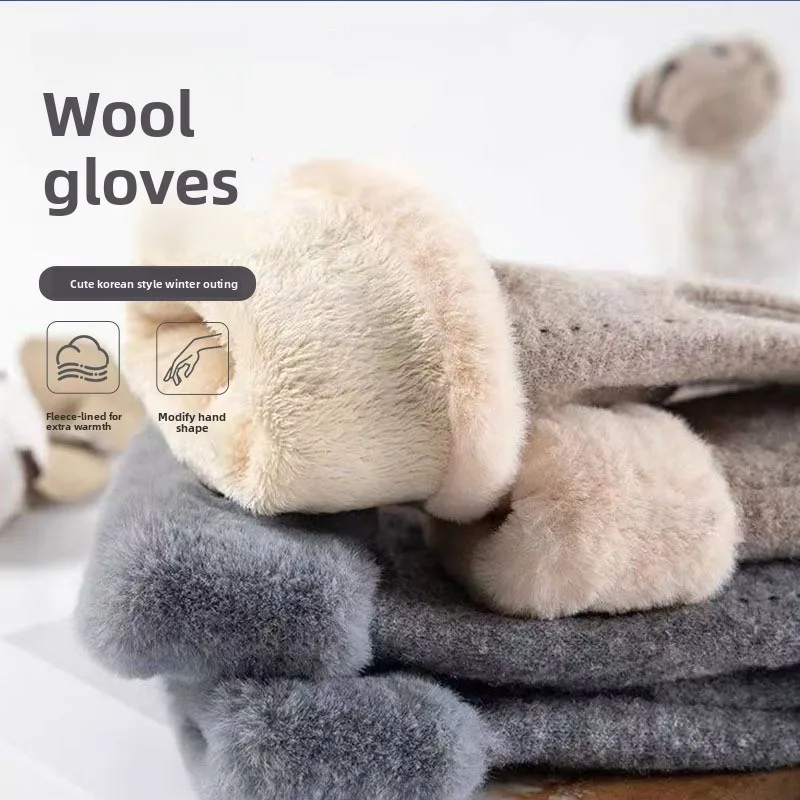 Winter Gloves, Cashmere Women's Rabbit Hair Mouth Gloves with Added Cashmere, Finger Count Cashmere, Student Cycling Warm Gloves