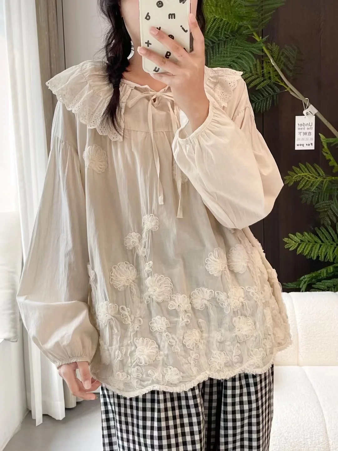 

Sweet Sle Pure Cotton Long Sve irt Women's New Autumn Season Floral Lace Collar Heavy Work 3D Flower Tie Waist irt