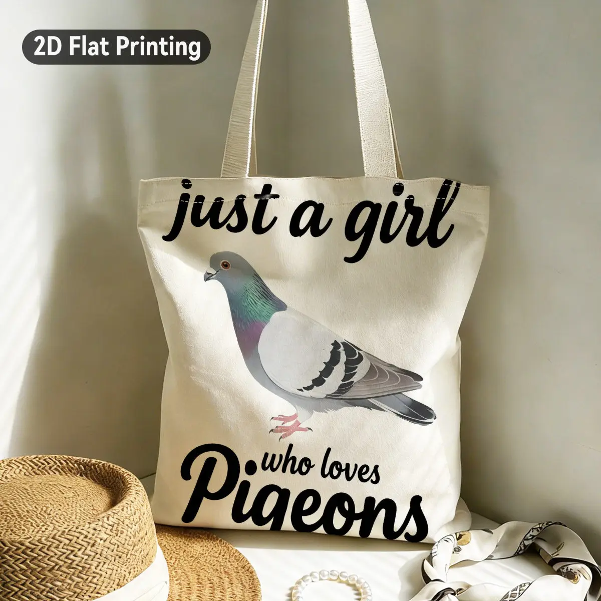 Cute Pigeon Tote Bag Suitable for Women & Pigeon Lovers, Durable Duplex Print Pigeon with Love Message, Neutral Style Handbag
