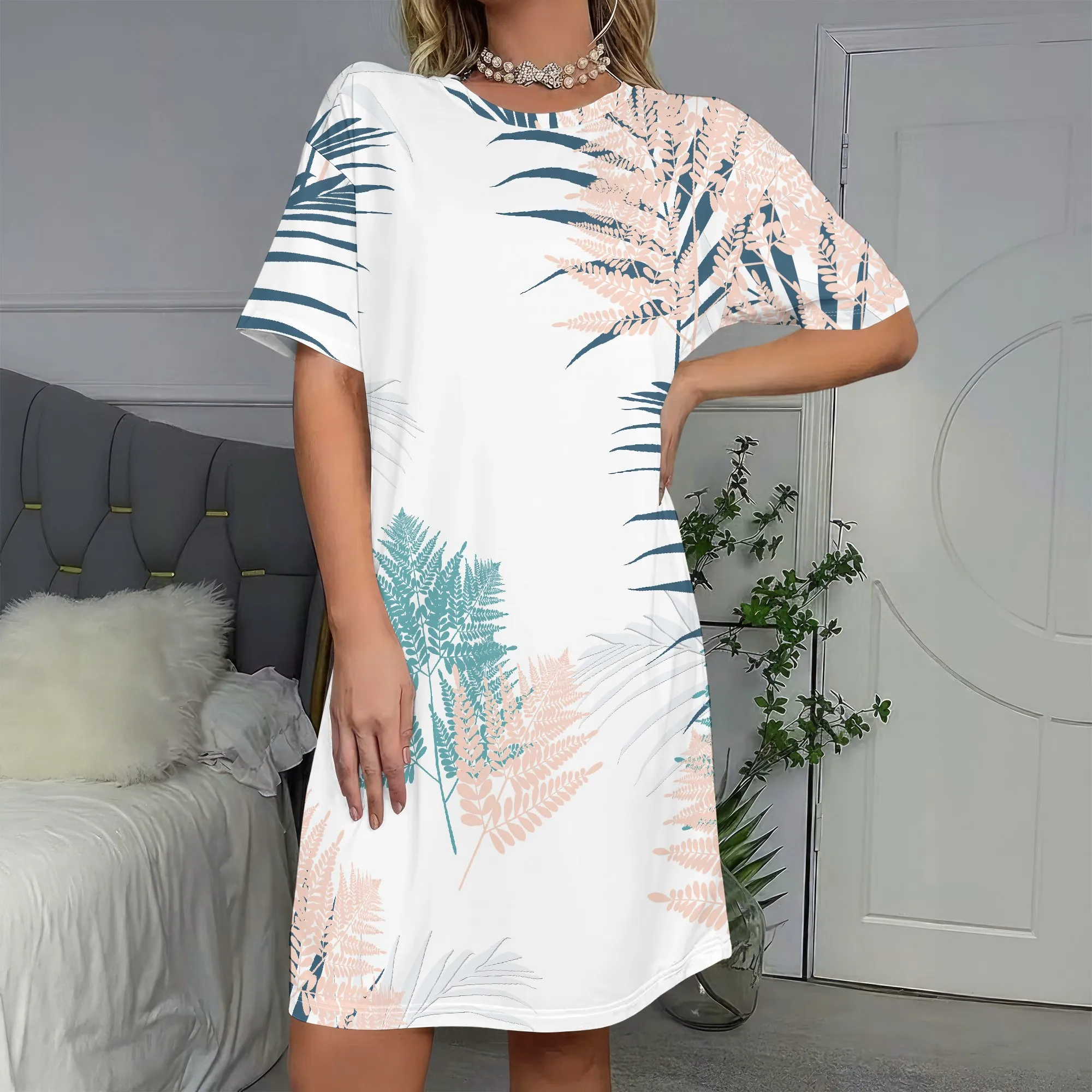 

Tropical Print, Short Sleeve Dress, Palm Leaf Pattern, Boho Beach Style, Summer Vacation Wear, Casual Tunic, S-2XL