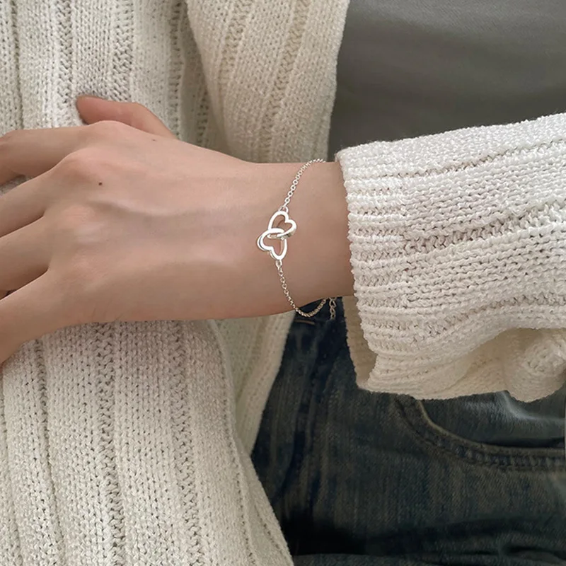 2025 Minimalist Double Heart Bracelets for Women Vintage Silver Color Thin Chain Adjustable Bracelets Friendship Jewelry Gifts