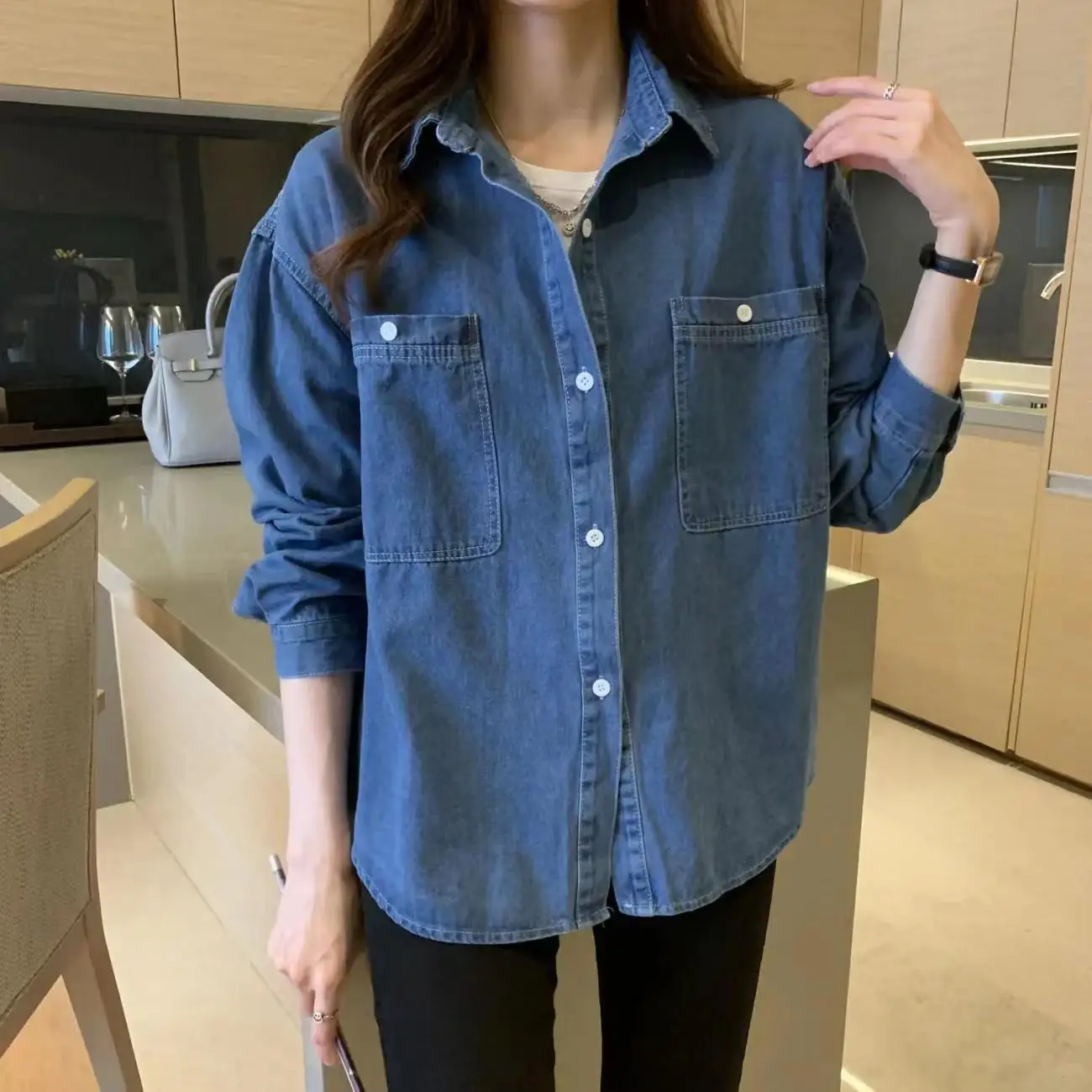 Spring and Autumn New Denim Shirt for Women Loose Medium to Long Sized Student Ins Super Popular Retro Collar Long Sleeve Trendy