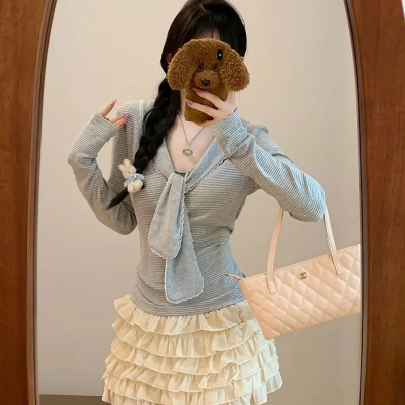 

Basic Striped Lace Spliced Pullovers Autumn New Slim V-Neck Fashionable Bow Women's Clothing Korean Long Sleeve Casual T-shirts