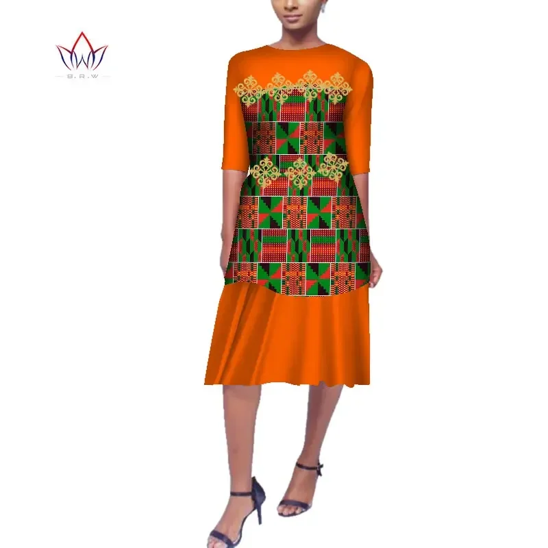 

BRW African Dresses for Women Half Sleeve O-Neck Office Dress Cotton Work Bodycon Ankara 4xl 5xl 6xl Dresses WY4041