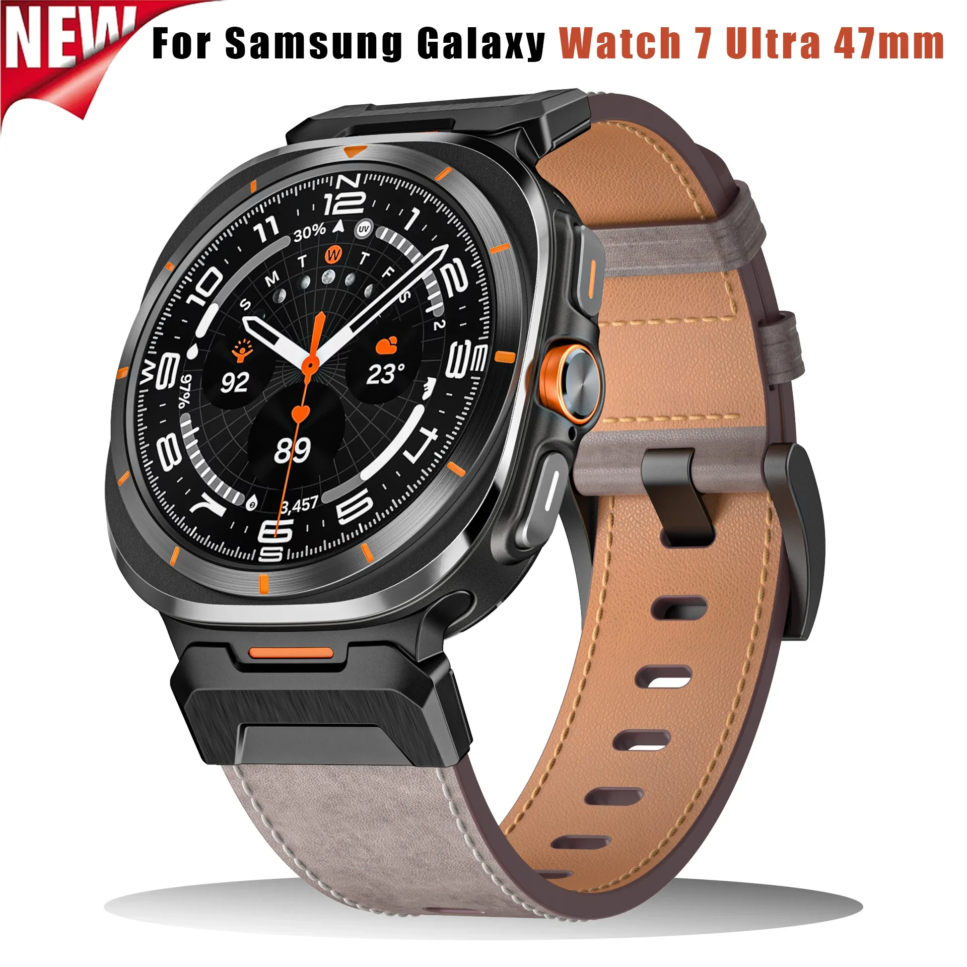 

Rugged Leather Band Compatible with Samsung Galaxy Watch 7 Ultra 47mm, Stainless Steel Metal Connector Bracelet for Men Women