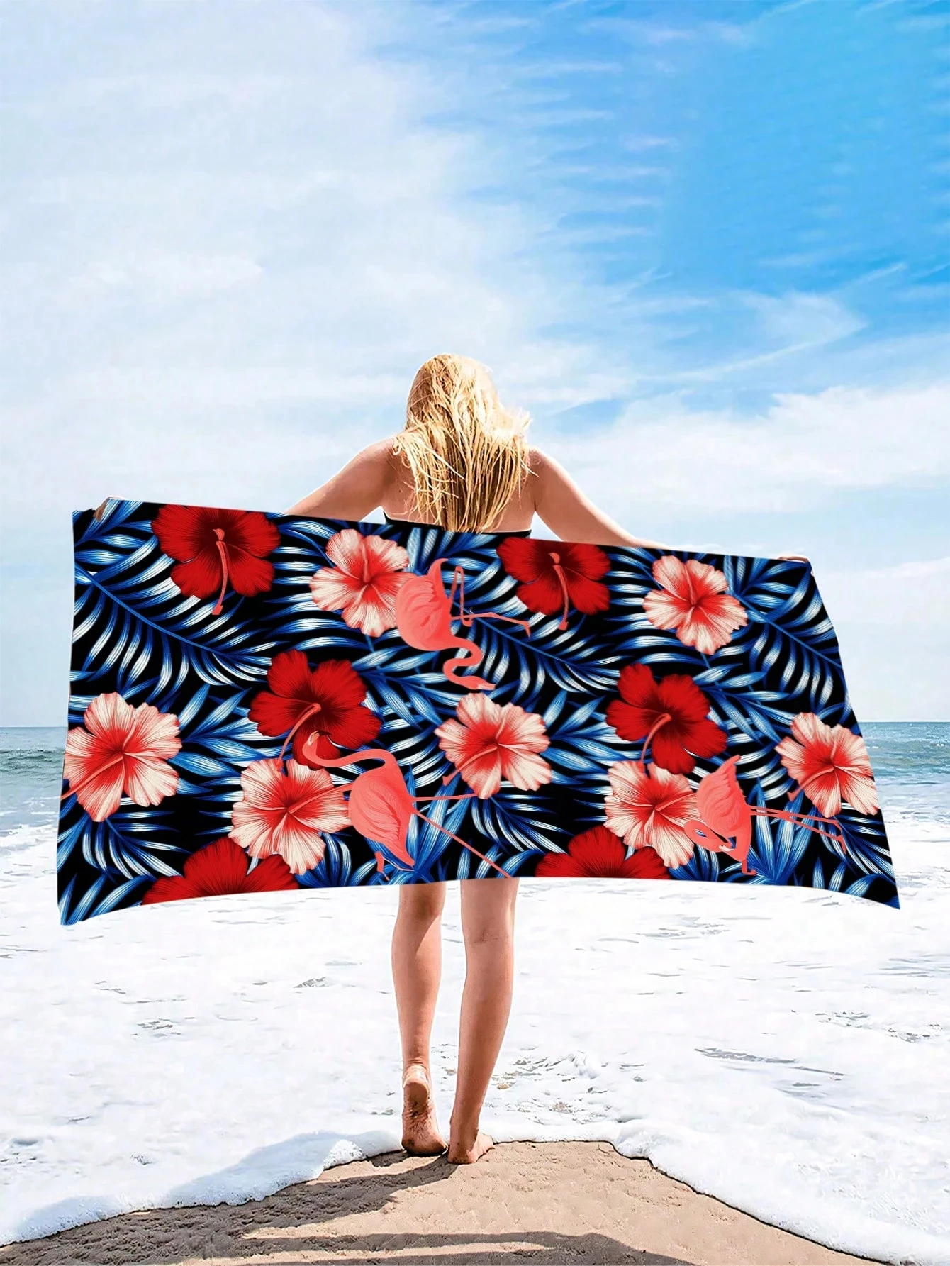 1PC Retro Hibiscus Flamingo Tropical Beach Towel , Available In Different Sizes，Comfortable for Summer Pool and Outdoor Use